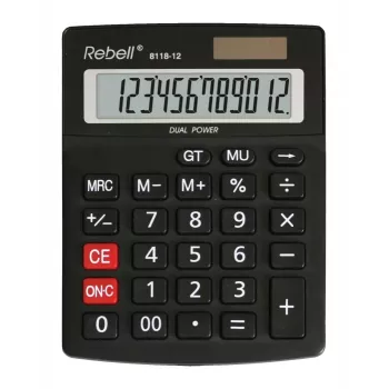 REBELL RE-8118-12 BX pusiau stalinis skaičiuotuvas, 12 skaitmenų pasviręs LCD ekranas, dvigubas maitinimas (saulės baterija ir baterija), juodas