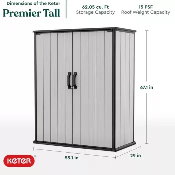 Keter Premier Tall sodo spintelė 29209552 – smėlio/rudos spalvos dervos sandėliukas, 1700L, dvigubos sienelės, rakinamas