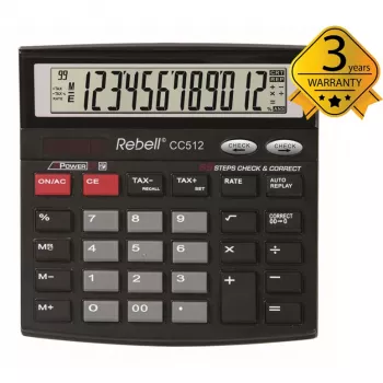 REBELL RE-CC512 BX stalinis skaičiuotuvas 12 skaitmenų dvigubas maitinimas juodas/sidabrinis