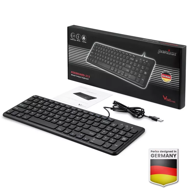 Perixx PERIBOARD-213 DE B laidinė USB klaviatūra, vokiška (QWERTZ) išdėstymas, žirklinis mechanizmas, juoda
