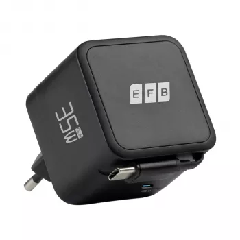 EFB Elektronik G352CE 35W GaN USB-C sieninis įkroviklis su ištraukiamu 0,7 m kabeliu, PD3.0 ir QC3.0, juodas