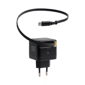 EFB Elektronik G352CE 35W GaN USB-C sieninis įkroviklis su ištraukiamu 0,7 m kabeliu, PD3.0 ir QC3.0, juodas