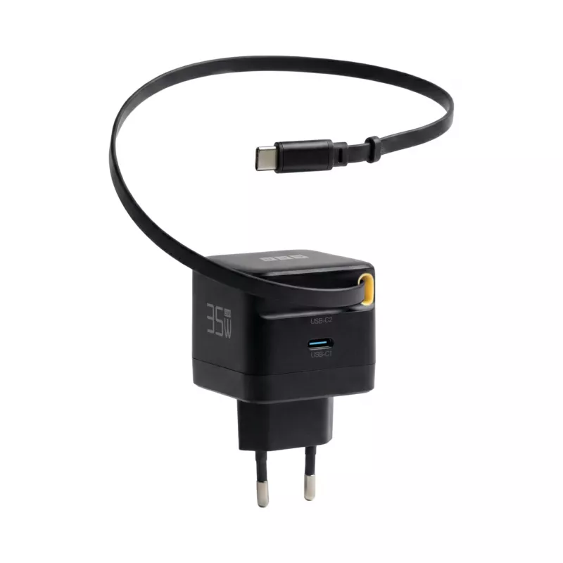 EFB Elektronik G352CE 35W GaN USB-C sieninis įkroviklis su ištraukiamu 0,7 m kabeliu, PD3.0 ir QC3.0, juodas