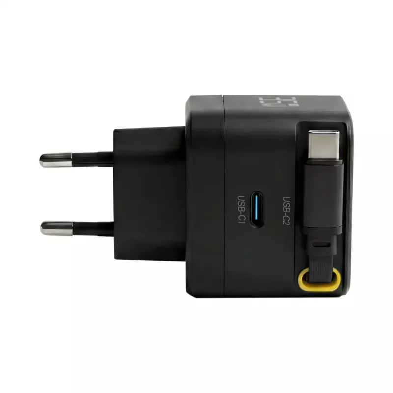 EFB Elektronik G352CE 35W GaN USB-C sieninis įkroviklis su ištraukiamu 0,7 m kabeliu, PD3.0 ir QC3.0, juodas