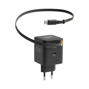 EFB Elektronik G652CE 65W GaN USB-C PD 3.0 sieninis įkroviklis su ištraukiamu kabeliu, juodas
