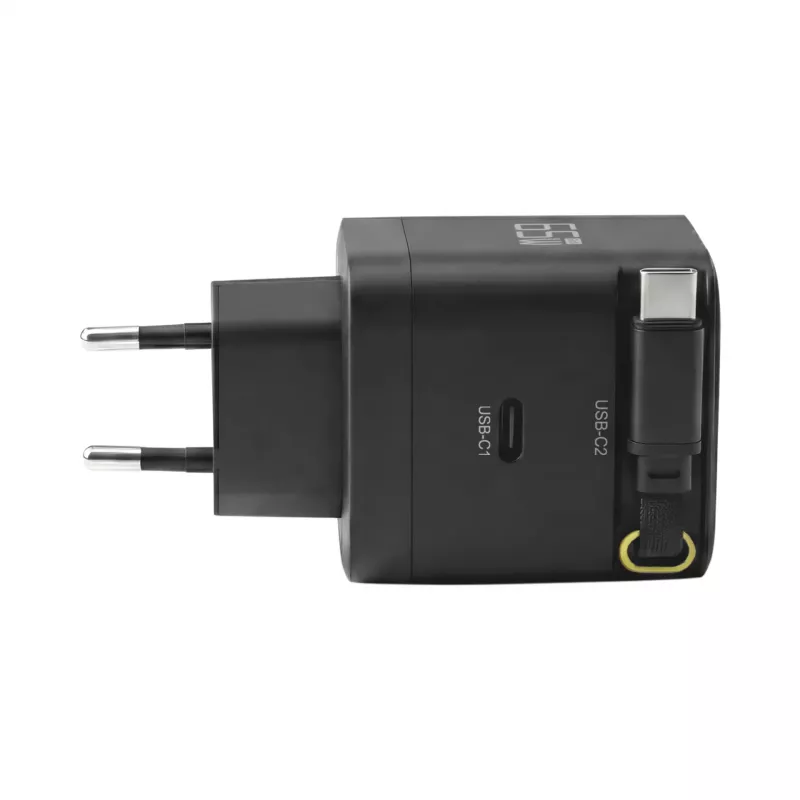 EFB Elektronik G652CE 65W GaN USB-C PD 3.0 sieninis įkroviklis su ištraukiamu kabeliu, juodas
