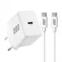 EFB Elektronik G201CE 20W USB-C GaN sieninis įkroviklis su 2m USB-C kabeliu, PD3.0 ir QC3.0, baltas