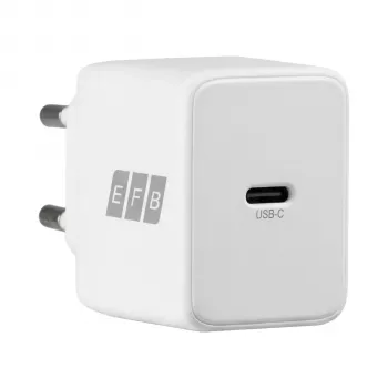 EFB Elektronik G201CE 20W USB-C GaN sieninis įkroviklis su 2m USB-C kabeliu, PD3.0 ir QC3.0, baltas