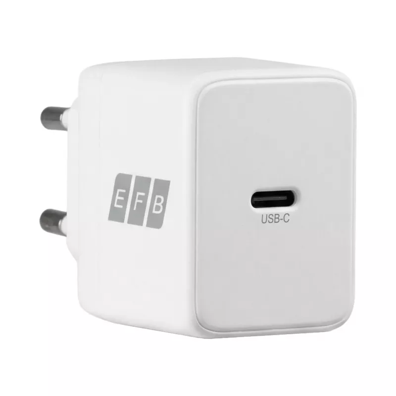 EFB Elektronik G201CE 20W USB-C GaN sieninis įkroviklis su 2m USB-C kabeliu, PD3.0 ir QC3.0, baltas