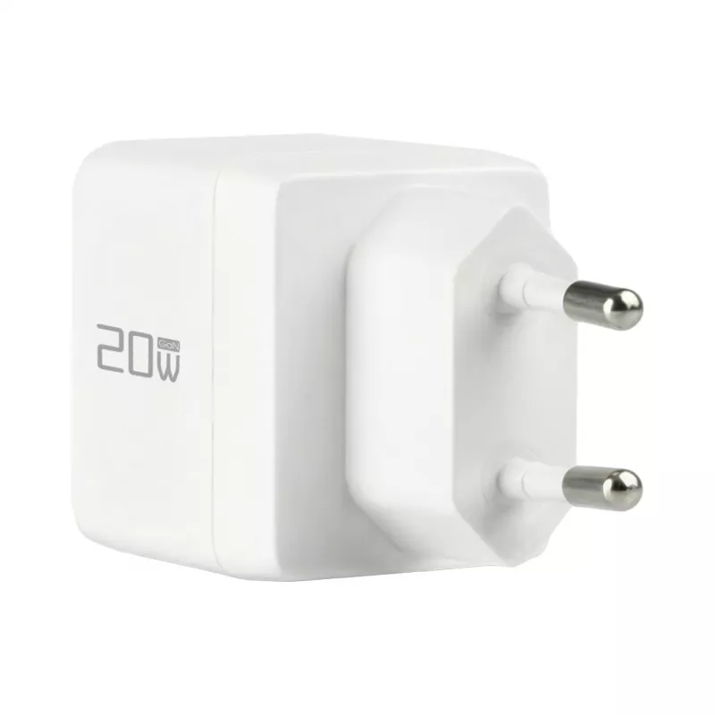EFB Elektronik G201CE 20W USB-C GaN sieninis įkroviklis su 2m USB-C kabeliu, PD3.0 ir QC3.0, baltas