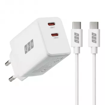 EFB Elektronik G452CE 45W dvigubas USB-C GaN sieninis įkroviklis su 2 m USB-C kabeliu, baltas