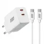 EFB Elektronik G452CE 45W dvigubas USB-C GaN sieninis įkroviklis su 2 m USB-C kabeliu, baltas