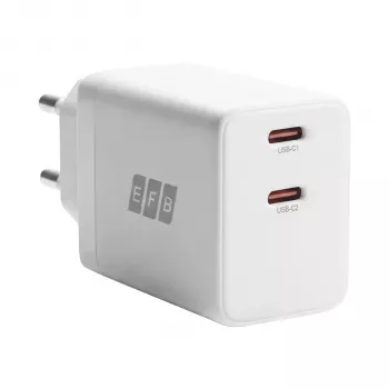 EFB Elektronik G452CE 45W dvigubas USB-C GaN sieninis įkroviklis su 2 m USB-C kabeliu, baltas