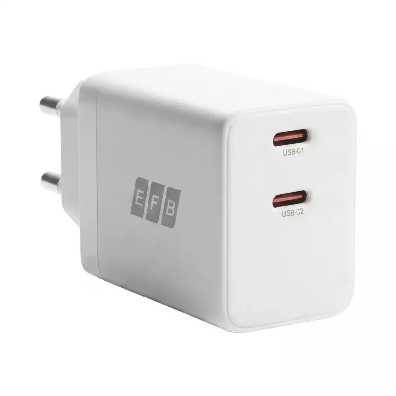 EFB Elektronik G452CE 45W dvigubas USB-C GaN sieninis įkroviklis su 2 m USB-C kabeliu, baltas