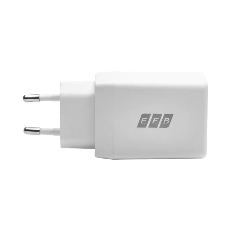 EFB Elektronik G452CE 45W dvigubas USB-C GaN sieninis įkroviklis su 2 m USB-C kabeliu, baltas