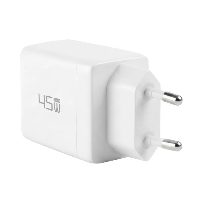 EFB Elektronik G452CE 45W dvigubas USB-C GaN sieninis įkroviklis su 2 m USB-C kabeliu, baltas