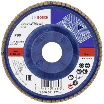 Bosch X431 Standard metalo flap diskas, 115 mm, cirkonio aliuminio oksidas, P60 grūdėtumas, 22,23 mm kiaurymė 2608601272