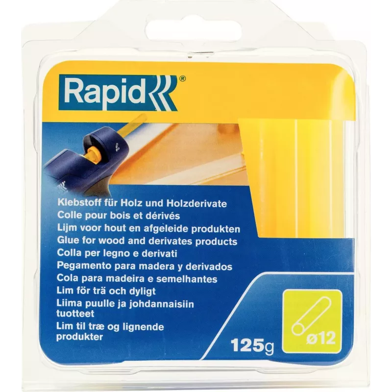 RAPID TOOLS 40107360 karšto lydymo klijų lazdelė medienai, popieriui, kartonui, 12 mm skersmens, trumpa, gelsva, 1 vnt.