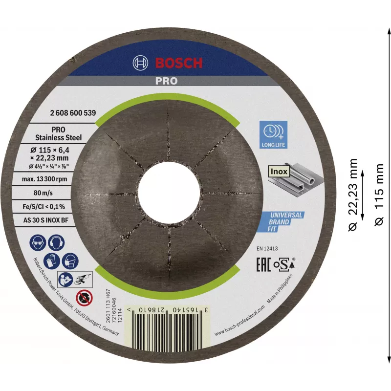 Bosch Accessories 2608600539 įdubęs šlifavimo diskas 115 mm x 22,23 mm, aliuminio oksidas, grūdėtumas 24, 1 vnt.