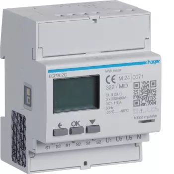 Hager ECP302C trifazis energijos skaitiklis 1A arba 5A srovės transformatoriams, 4 modulių DIN bėgelis, S0 impulso išėjimas
