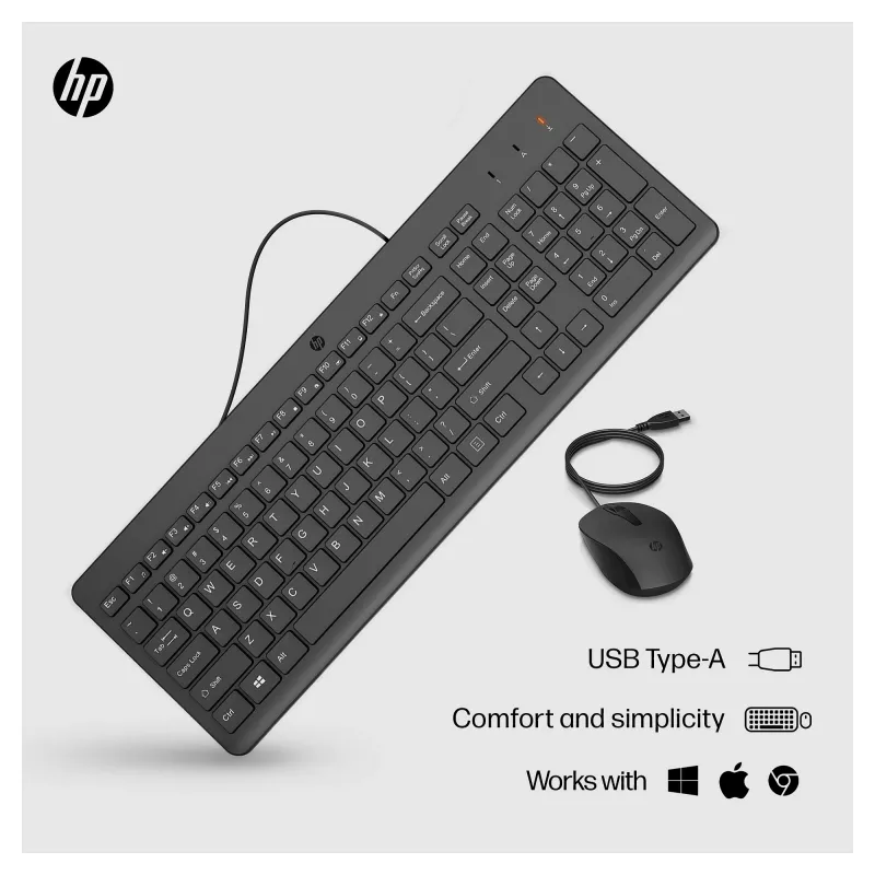 HP 150 laidinė klaviatūros ir pelės rinkinys – USB – UK – juodas