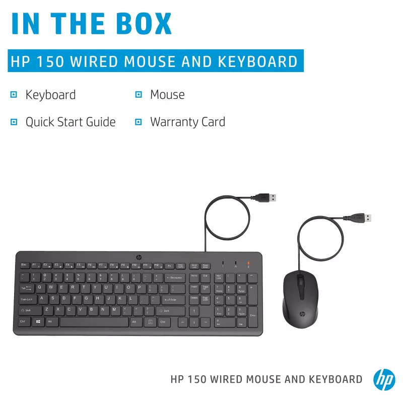 HP 150 laidinė klaviatūros ir pelės rinkinys – USB – UK – juodas