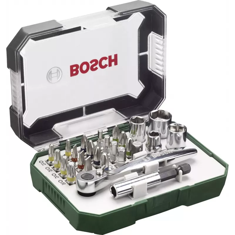 Bosch Accessories Promoline 2607017392 27 dalių atsuktuvų antgalių rinkinys su plokščiais, Phillips, Pozidriv, šešiakampiais ir Torx antgaliais, dėkle