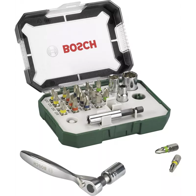 Bosch Accessories Promoline 2607017392 27 dalių atsuktuvų antgalių rinkinys su plokščiais, Phillips, Pozidriv, šešiakampiais ir Torx antgaliais, dėkle