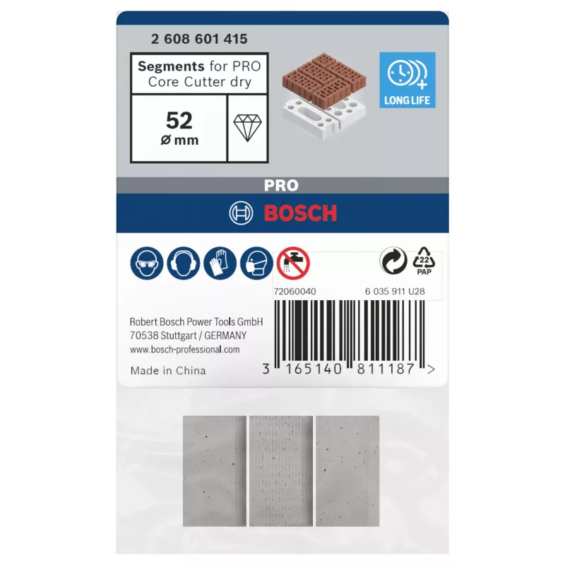 Bosch 2608601415 deimantiniai segmentai sausam gręžimui skirtiems deimantiniams karūnų grąžtams, 3 vnt.