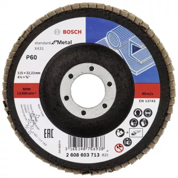 Bosch X431 Standard metalo lapų diskas, 115 mm, 60 grūdėtumo, stiklo pluošto pagrindas 2608603713