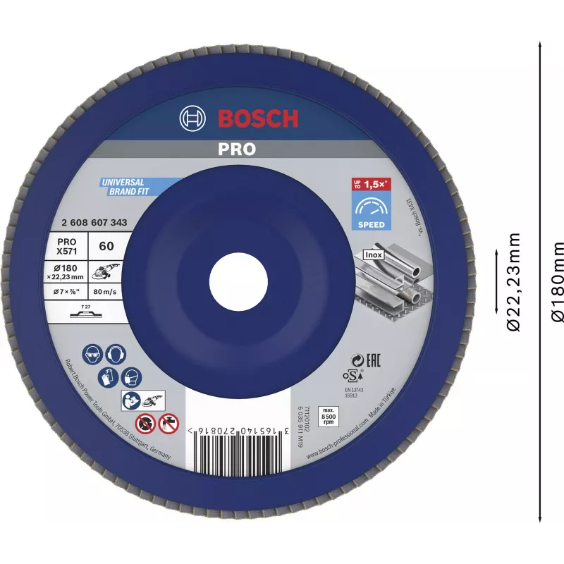 Bosch X571 Best for Metal sklendės diskas, 180 mm skersmuo, 22,33 mm kiaurymė, cirkonio aliuminio oksidas, K40 grūdėtumas, kūginis Type 29, skirtas plienui ir juodiesiems metalams 2608607343