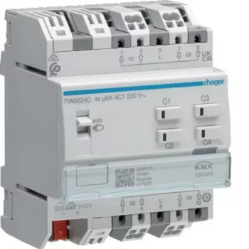 Hager TYAS624C KNX Secure 4 kanalų žaliuzių ir roletų pavara, 230 V AC, DIN bėgelis