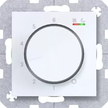 HAGER WAN5010WG patalpos temperatūros reguliatorius 230V 16A su sukimosi rankenėle ir mygtuku šildymui
