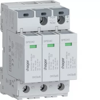 Hager SPE340 2 tipo viršįtampių apsaugos prietaisas, 3 polių, TNS/TT, 275V, 20kA, 40kA Imax