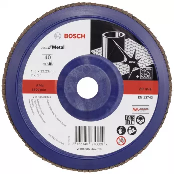 Bosch X571 Best for Metal lapų diskas, 180 mm skersmuo, 22,23 mm kiaurymė, cirkonio aliuminio oksidas, grūdėtumas 40, 1 vnt. 2608607342