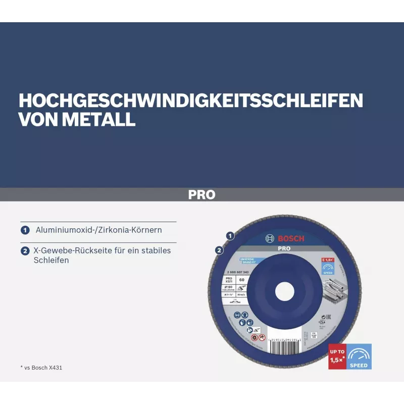 Bosch X571 Best for Metal lapų diskas, 180 mm skersmuo, 22,23 mm kiaurymė, cirkonio aliuminio oksidas, grūdėtumas 40, 1 vnt. 2608607342