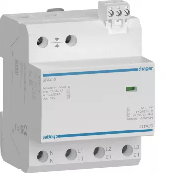 HAGER SPA412 kombinuotasis viršįtampių ribotuvas Type 1+2+3, 12.5kA, TNS/TT, 4 polių, 230/400V