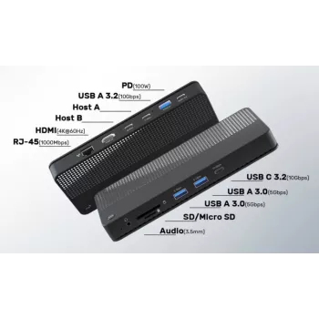 EXERTIS CONNECT KVM perjungiklis su doko stotimi, HDMI 4K Ultra HD, LAN, 4 prievadų USB šakotuvas, garso lizdai, kortelių skaitytuvas (061110)