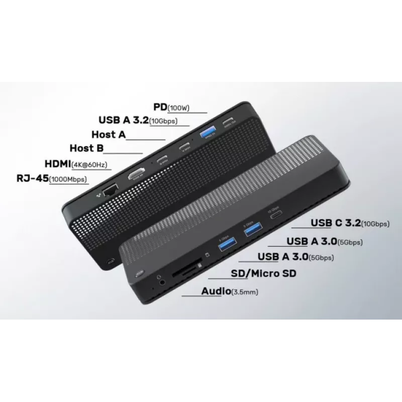EXERTIS CONNECT KVM perjungiklis su doko stotimi, HDMI 4K Ultra HD, LAN, 4 prievadų USB šakotuvas, garso lizdai, kortelių skaitytuvas (061110)