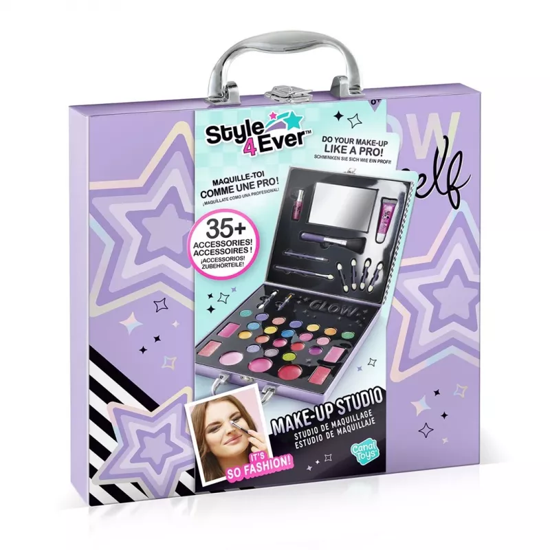 Canal Toys Make-Up Studio (OFG313) - vaikams saugus kosmetikos rinkinys su 10 akių šešėliais, 6 lūpų blizgiais, 2 skaistalais, aplikatoriais, šepetėliais ir sulankstomu veidrodėliu