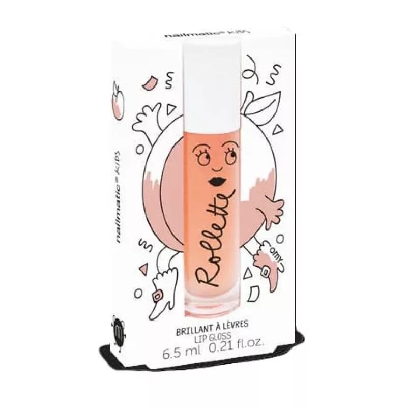 Nailmatic Kids Roll-On Lip Gloss Peach 6,5ml - drėkinantis veganiškas vaikiškas lūpų blizgesys su abrikosų kauliukų aliejumi ir vitaminu E
