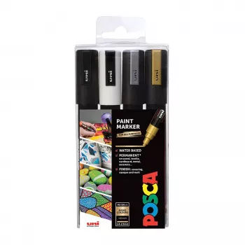 Uni-Ball Faber-Castell POSCA PC-5M Metallic akriliniai dažų markeriai, rinkinys, 4 spalvos, vidutinis apvalus antgalis 1,8-2,5 mm 182544
