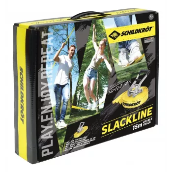 SCHILDKRÖT Slackline rinkinys 15 m geltonas, 50 mm pločio su reketiniu įtempikliu - pusiausvyros treniravimo komplektas 970701