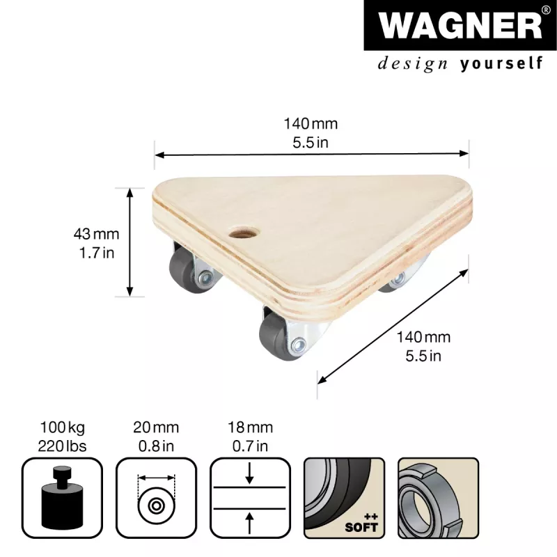 Wagner design yourself Transport Roller MM 1313 beržo 140 x 140 x 43 mm, 100 kg apkrova, 4 pasukamosios ratukės 20131301