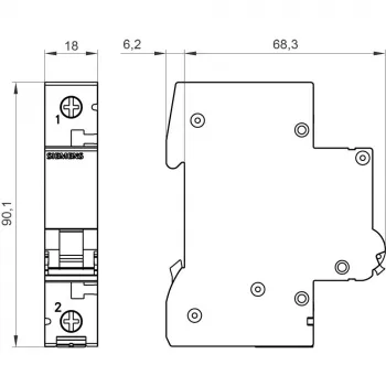 Siemens 5SL61026 SENTRON 5SL automatinis jungiklis, 1 poliaus, 2 A, C charakteristikos, 6 kA pertraukimo geba, 230/400 V AC, DIN bėgio montavimas, 1 modulio plotis