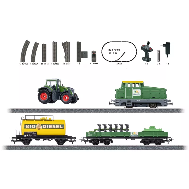 Märklin 29653 H0 Start Set Agriculture – skaitmeninis garvežys BR 81 su mfx+ garsu, Mobile Station 3, C-Track ovalas, vagonai su traktoriumi ir šieno rulonais