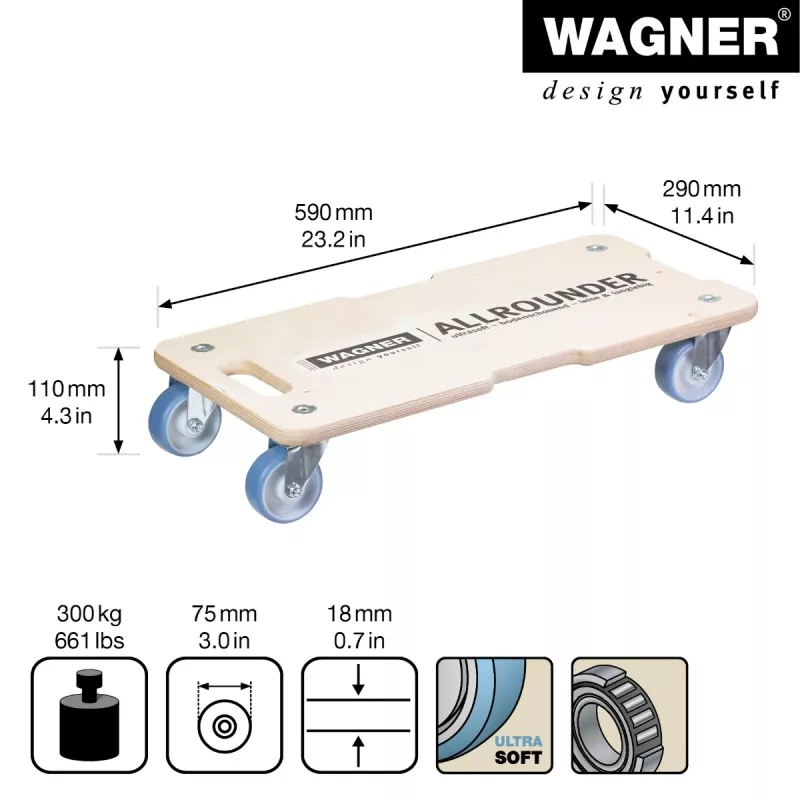 Wagner design yourself Transport Roller MM 1325 beržo faneros platforma 590 x 290 x 110 mm, iki 300 kg (20132501)