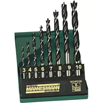 Brüder Mannesmann M54308 medienos grąžtų rinkinys, 8 vnt., 3–10 mm, centruojančiu antgaliu, iš anglinio plieno, plastikiniu dėklu