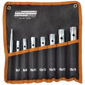 Brüder Mannesmann M26708 8 dalių vamzdinių veržliarakčių rinkinys, chromo vanadžio plienas, dydžiai nuo 6x7 iki 20x22 mm, DIN 896 Form B, plastikiniame laikiklyje