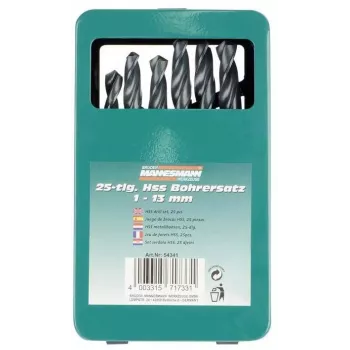 Brüder Mannesmann M54341 25 dalių HSS spiralinių grąžtų rinkinys, 1-13 mm metaliniame dėkle
